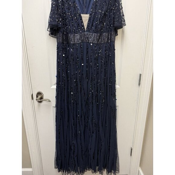 Mac Duggal size 18 Navy 93784 Sequined Beaded V-NECK Formal Cocktail Dress GOWN - Picture 5 of 14